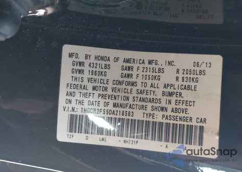 2013 Honda Accord Sport z USA, uszkodzony, nr VIN 1HGCR2F55DA218583
